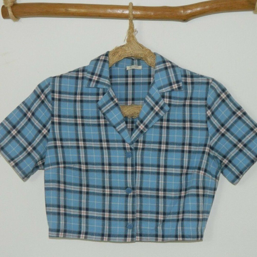 John Galt Top Size OS Blue Plaid Crop‎ Short Sleeve Brandy Melville
